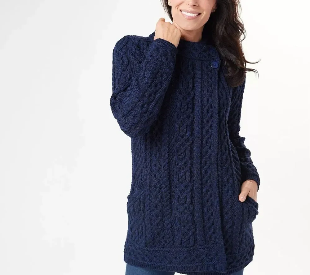 Aran Crafts Women's Cable Knit Merino Wool Cardigan Sweater Navy Medium NWOT